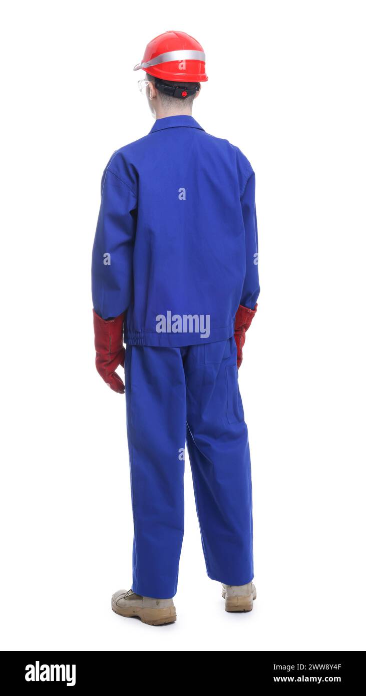 Young man wearing safety equipment on white background, back view Stock ...
