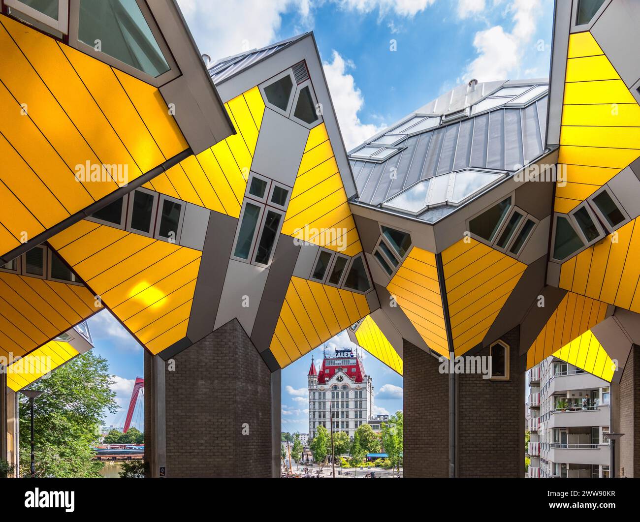 Rotterdam, the Netherlands - July 18, 2023: Yellow cube houses in Rotterdam at the Old Harbor. Stock Photo