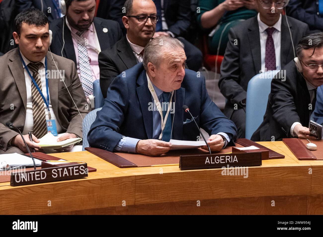 Ambassador Amar Bendjama of Algeria speaks at SC meeting at UN Headquarters in New York on March 22, 2024 after the vote on resolution put forward by US was vetoed by China and Russia Stock Photo