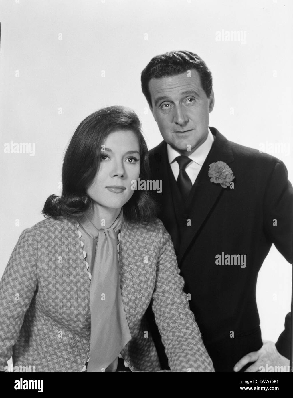 Pre- Publicity two-shot of DIANA RIGG as Emma Peel and PATRICK MACNEE as John Steed for the fourth television series of THE AVENGERS 1965-1966 Associated British Productions for ABC Television Stock Photo