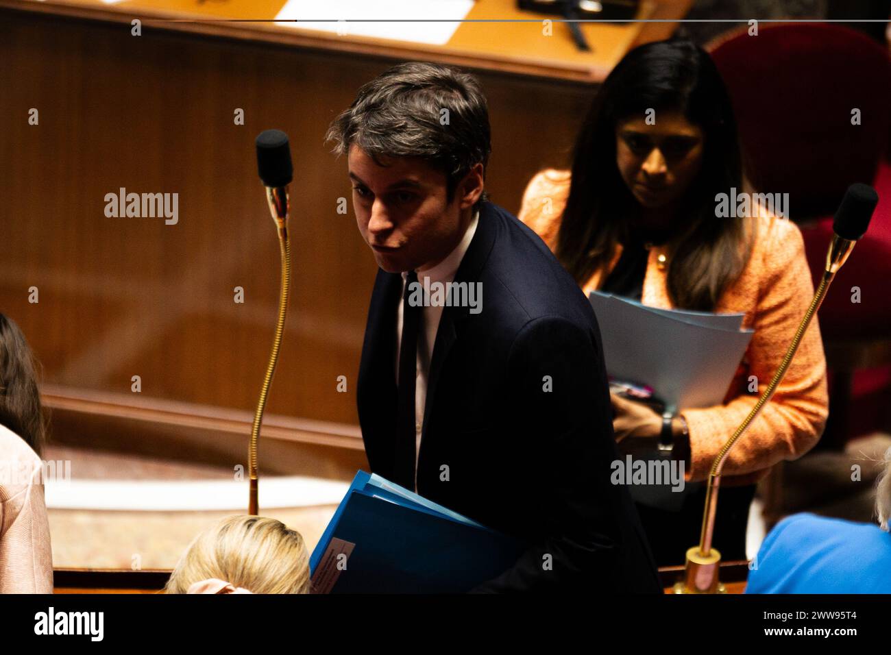 Paris, France. 20th Mar, 2024. French Prime-Minister Gabriel Attal, seen during the questions to the government session at the National Assembly. A weekly session of questioning the French government takes place in the National Assembly at Palais Bourbon in Paris. (Credit Image: © Telmo Pinto/SOPA Images via ZUMA Press Wire) EDITORIAL USAGE ONLY! Not for Commercial USAGE! Stock Photo