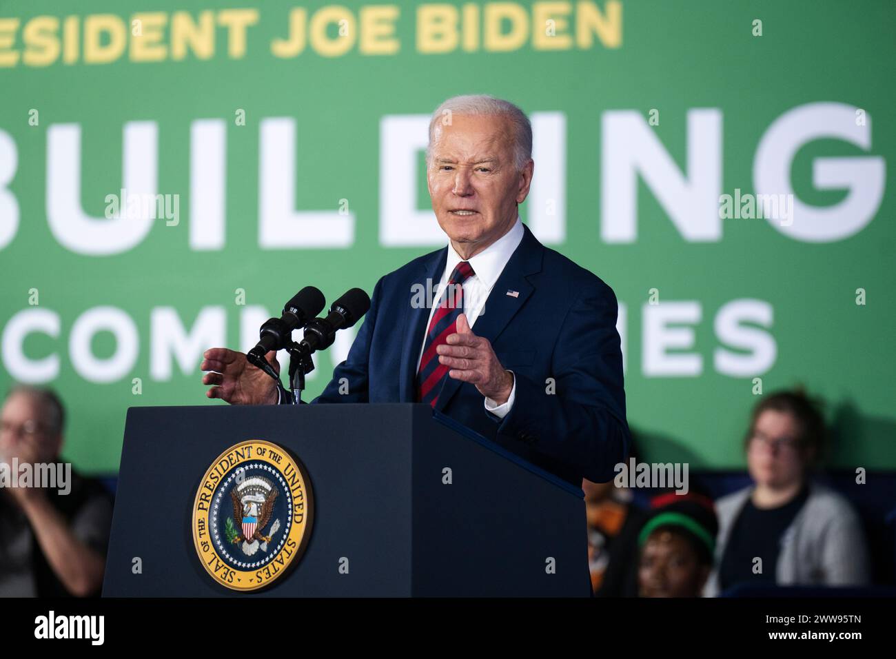 President Joe Biden speaks with a hand gesture at an event  in Milwaukee, Wisconsin, on Wednesday, March 13, 2024. Stock Photo