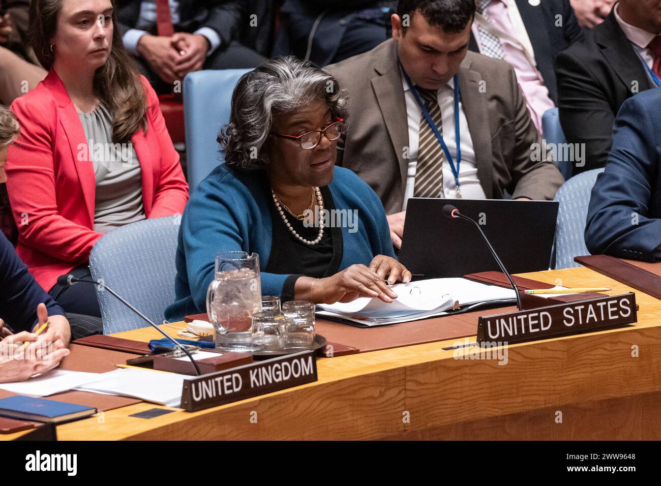 New York, USA. 22nd Mar, 2024. Ambassador Linda Thomas-Greenfield of US speaks before vote on resolution put forward by US at SC meeting at UN Headquarters in New York on March 22, 2024. Resolution was vetoed by China and Russia. In total 11 countries voted for, 3 against (Algeria, China and Russia) and 1 abstained (Guyana). (Photo by Lev Radin/Sipa USA) Credit: Sipa USA/Alamy Live News Stock Photo