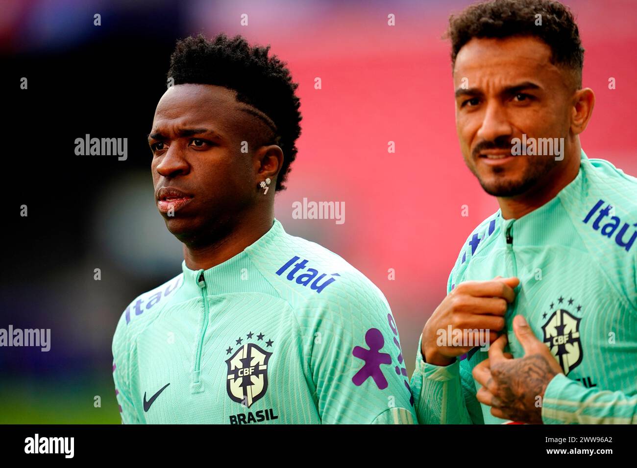 Brazil's Danilo (right) and Vinicius Junior during a training session at Wembley Stadium, London. Picture date: Friday March 22, 2024. Stock Photo