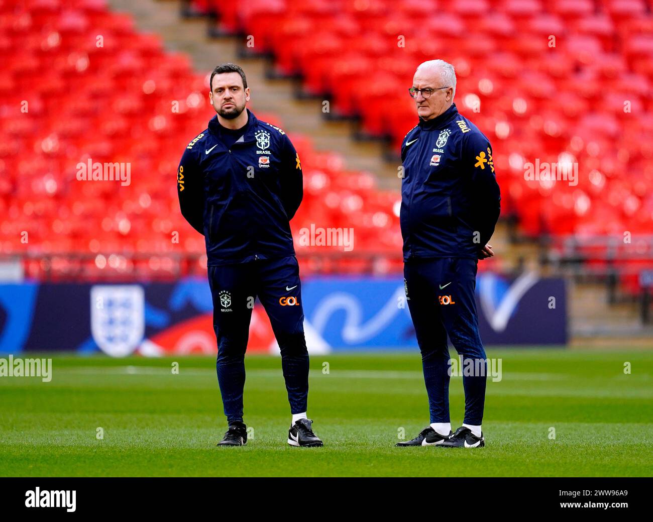 Brazil manager Dorival Junior (right) during a training session at Wembley Stadium, London. Picture date: Friday March 22, 2024. Stock Photo
