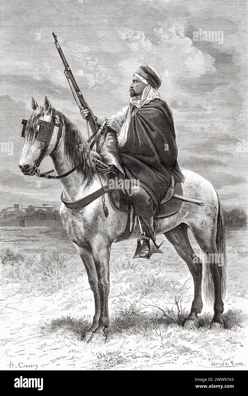 Spahi, were light-cavalry regiments of the French army recruited primarily from the Arab and Berber populations of Algeria, Tebessa. Oran Province, Algeria. Africa. Drawing by H. Charles, Tébessa and its monuments by Antoine Héron de Villefosse (1845 - 1919) Le Tour du Monde 1880 Stock Photo