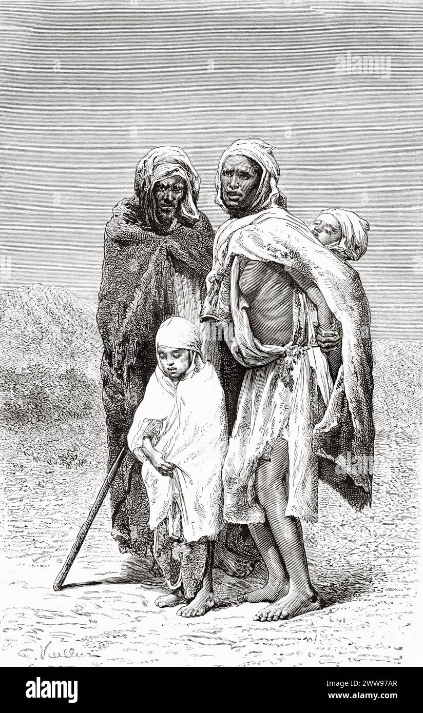 Family of Arabs from Tebessa. Oran Province, Algeria. Africa. Drawing by H. Catenacci. Tébessa and its monuments by Gaston Vuillier (1845 - 1915) Le Tour du Monde 1880 Stock Photo