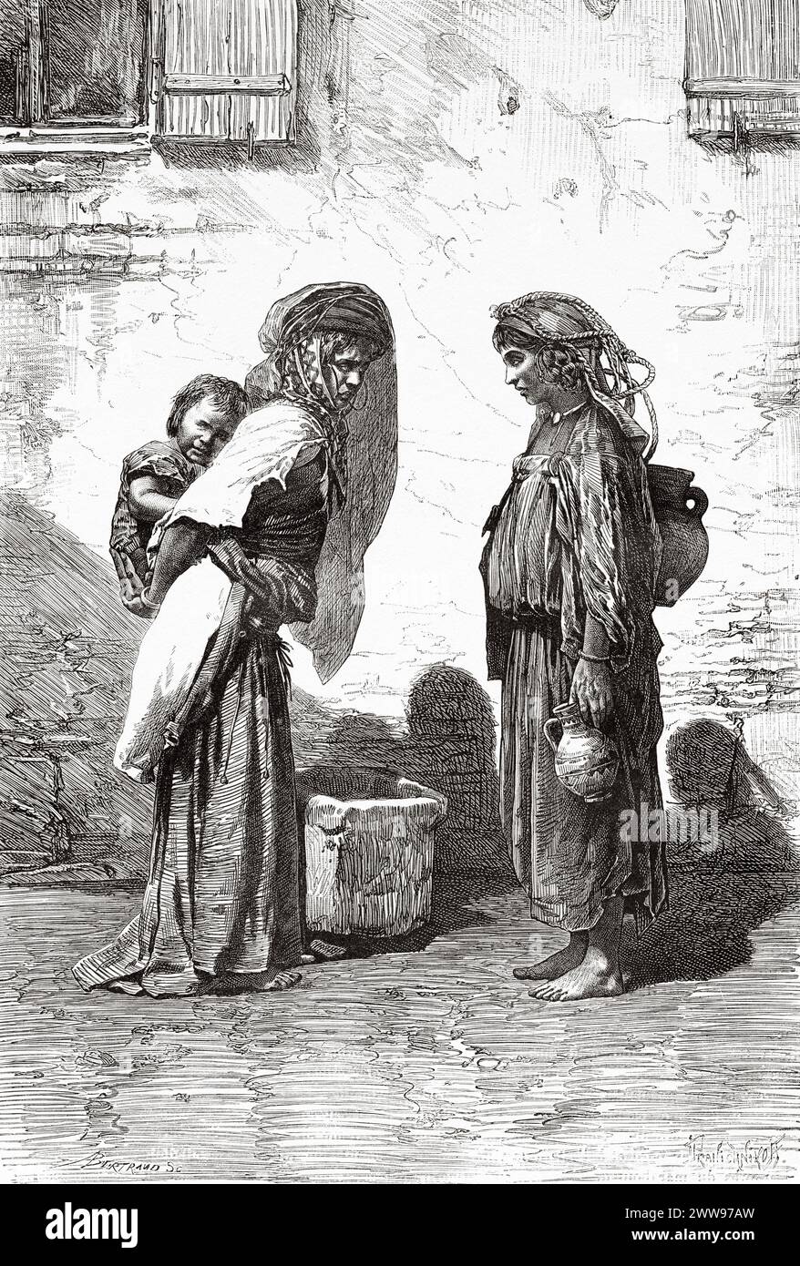 Arab women from Tebessa. Oran Province, Algeria. Africa. Drawing by Georges Ivan Pranishnikoff (1841 - 1909) Tébessa and its monuments by Antoine Héron de Villefosse (1845 - 1919) Le Tour du Monde 1880 Stock Photo