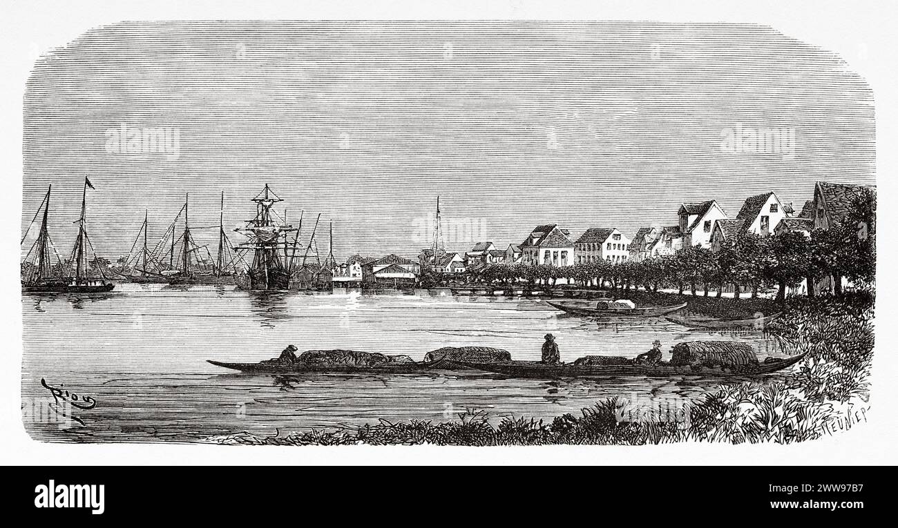 The City and harbor of Paramaribo and the Suriname River, Suriname, South America. Drawing by Edouard Riou (1833 - 1900) From Cayenne to the Andes (1878-1879) by Jules Crevaux (1847 - 1882) Le Tour du Monde 1880 Stock Photo