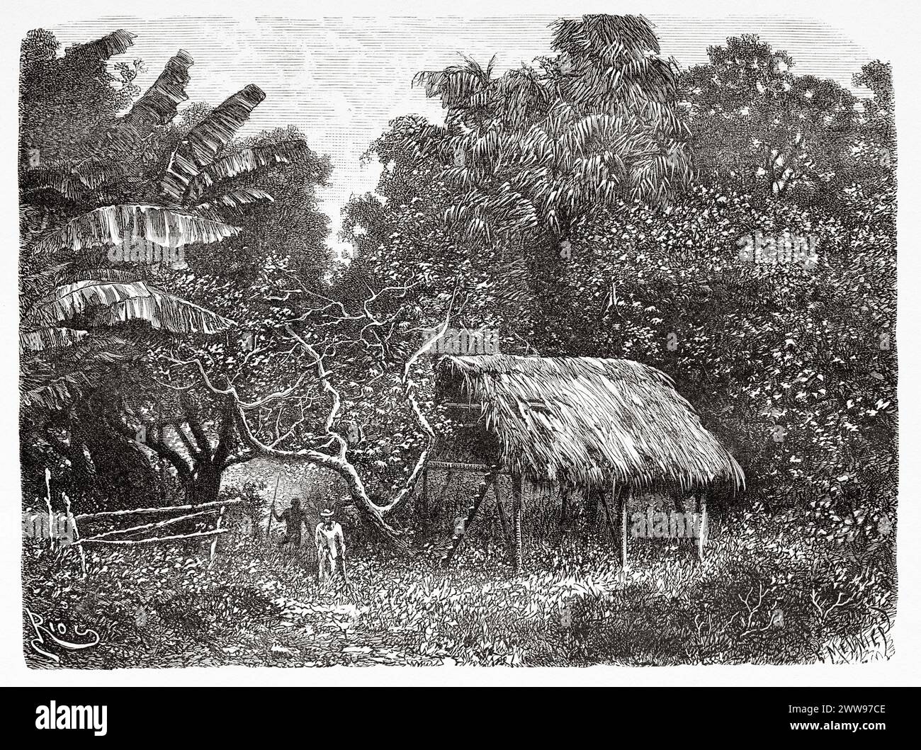 Abandoned oyampi huts, French Guiana, South America. Drawing by Edouard Riou (1833 - 1900) From Cayenne to the Andes (1878-1879) by Jules Crevaux (1847 - 1882) Le Tour du Monde 1880 Stock Photo