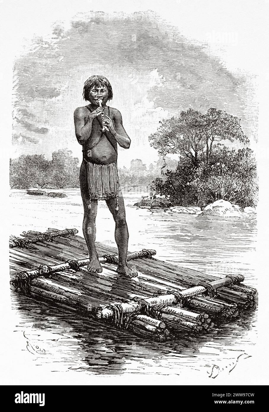 Native playing a flute on a raft, French Guiana, South America. Drawing by Edouard Riou (1833 - 1900) From Cayenne to the Andes (1878-1879) by Jules Crevaux (1847 - 1882) Le Tour du Monde 1880 Stock Photo