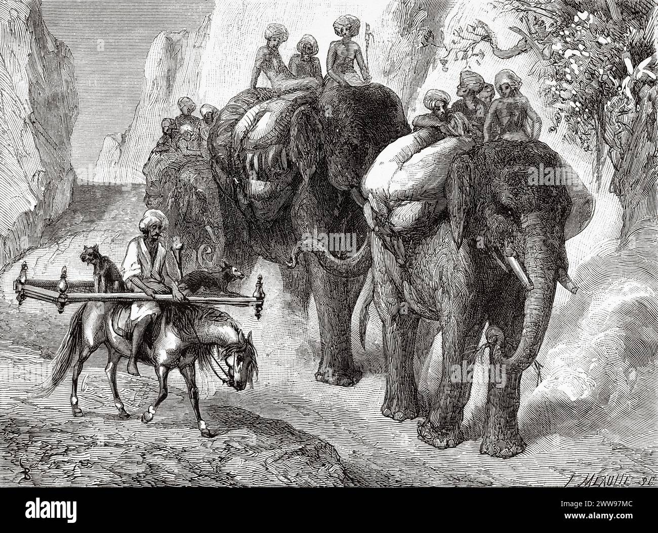 Passersby on the road traveling riding elephants and horse, District of Punjab, Pakistan. Asia. Journey to Murree (Northern Himalayas) 1878. Drawings and texts by Evremond de Berard (1824 – 1881) Le Tour du Monde 1880 Stock Photo