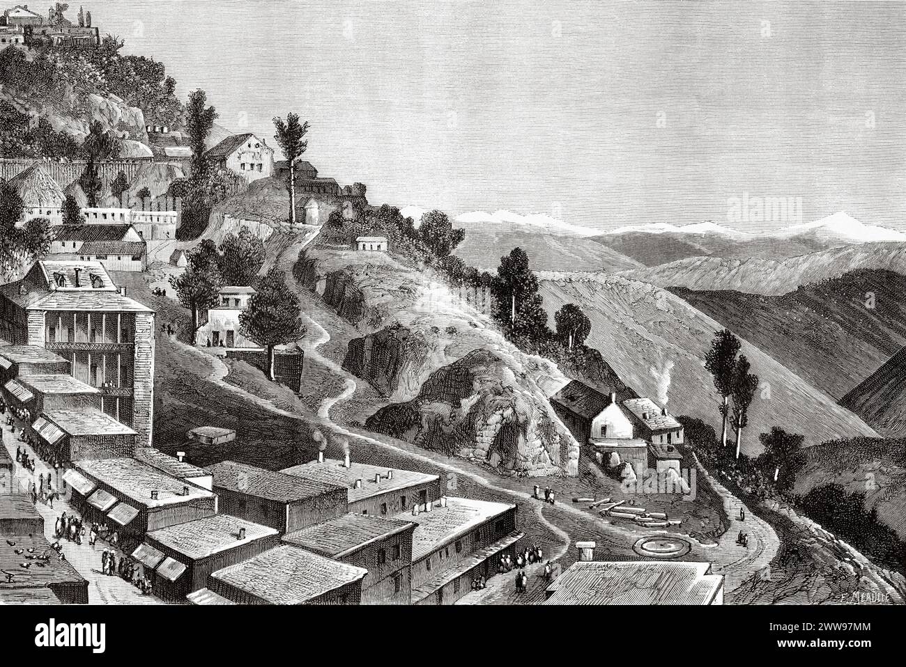 The depot Murree hill station, summer resort and the administrative centre of Murree Tehsil, District of Punjab, Pakistan. Asia. Journey to Murree (Northern Himalayas) 1878. Drawings and texts by Evremond de Berard (1824 – 1881) Le Tour du Monde 1880 Stock Photo