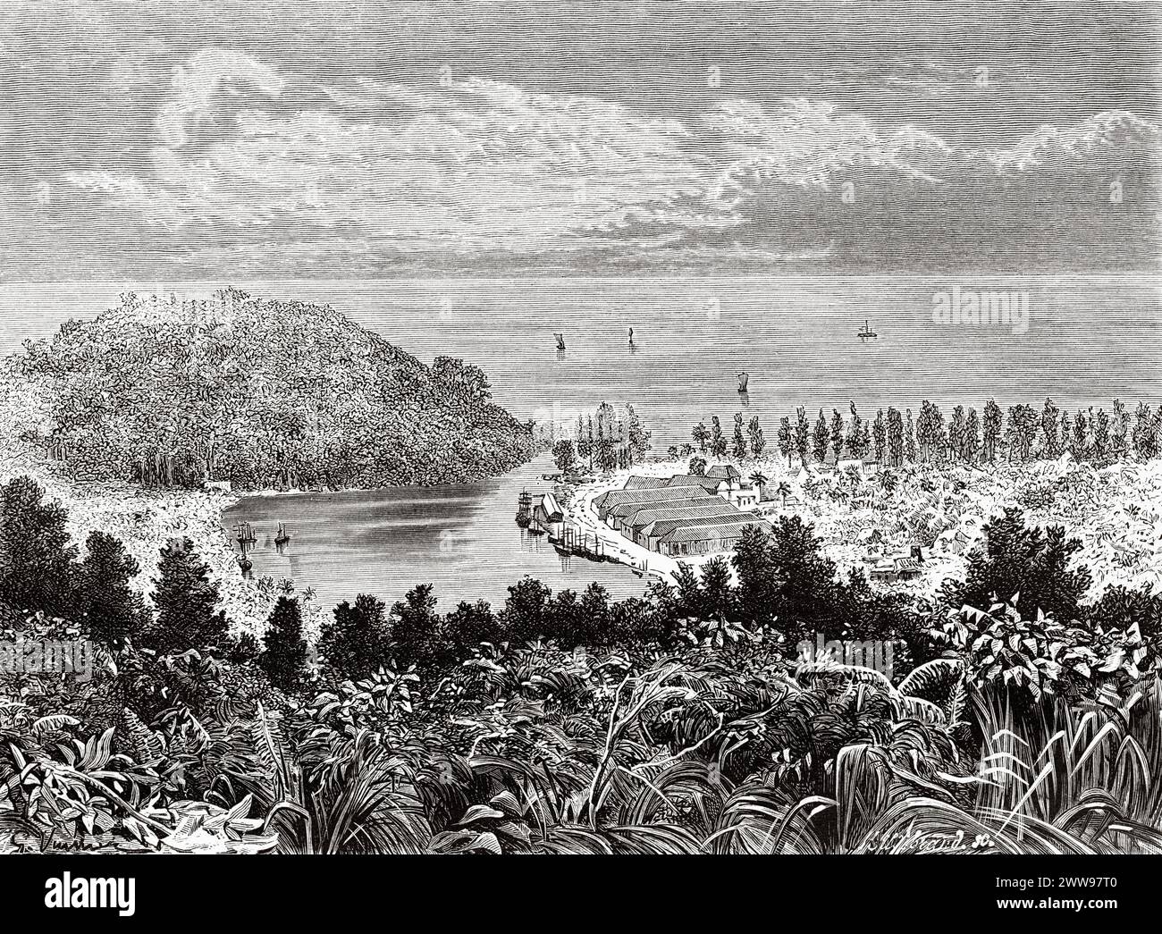 The Apenberg (Monkey Mountain) Alahan Panjang, Sumatra Island. Indonesia. Drawing by Gaston Vuillier (1845 - 1915) Across the island of Sumatra 1877 by Daniel David Veth (1850 - 1885) Le Tour du Monde 1880 Stock Photo