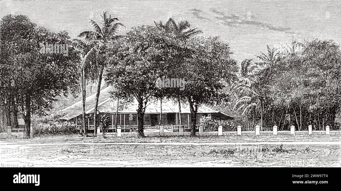 European House in Alahan Panjang, Sumatra Island. Indonesia. Drawing by Alexandre de Bar (1821 - 1908) Across the island of Sumatra 1877 by Daniel David Veth (1850 - 1885) Le Tour du Monde 1880 Stock Photo