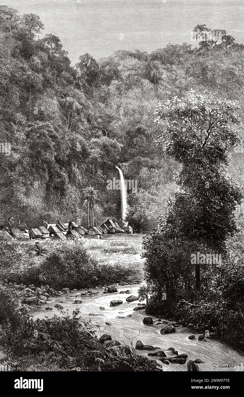 Waterfall in the Anei ravine in Alahan Panjang, Sumatra Island. Indonesia. Drawing by Gaston Vuillier (1845 - 1915) Across the island of Sumatra 1877 by Daniel David Veth (1850 - 1885) Le Tour du Monde 1880 Stock Photo