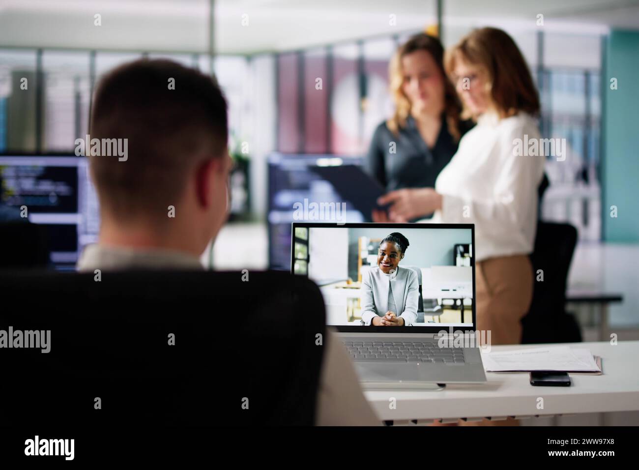 Business Video Conference Call In Meeting Room Stock Photo