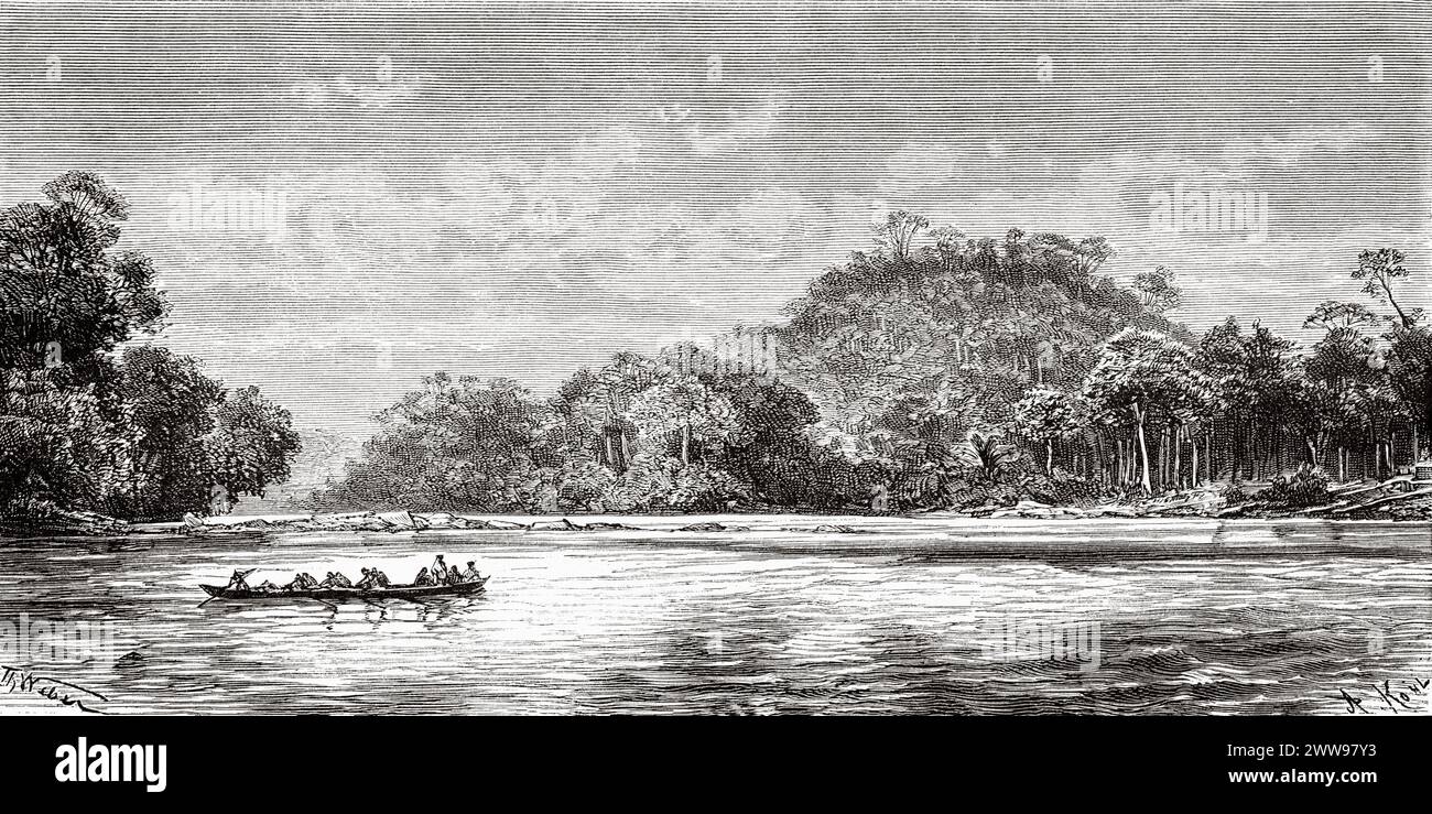 The Batang Hari River in Jambi, Sumatra Island. Indonesia. Drawing by Theodore Alexander Weber (1838 - 1907) Across the island of Sumatra 1877 by Daniel David Veth (1850 - 1885) Le Tour du Monde 1880 Stock Photo