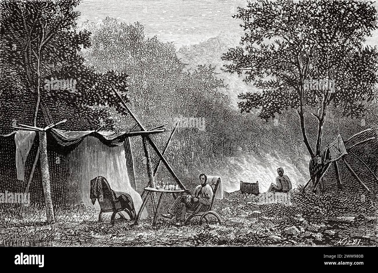 Night camp at the confluence of the Sangir river, Sumatra Island. Indonesia. Drawing by Alexandre de Bar (1821 - 1908) Across the island of Sumatra 1877 by Daniel David Veth (1850 - 1885) Le Tour du Monde 1880 Stock Photo