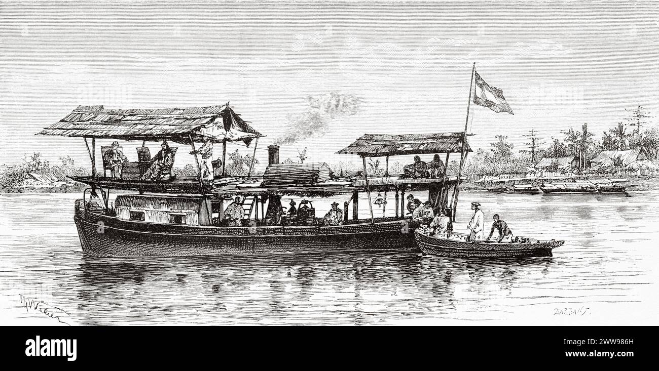 Steam barque with coal canoe used in the expedition, Tembesi estuary, Jambi department, Sumatra Island. Indonesia. Drawing by Theodore Alexander Weber (1838 - 1907) Across the island of Sumatra 1877 by Daniel David Veth (1850 - 1885) Le Tour du Monde 1880 Stock Photo