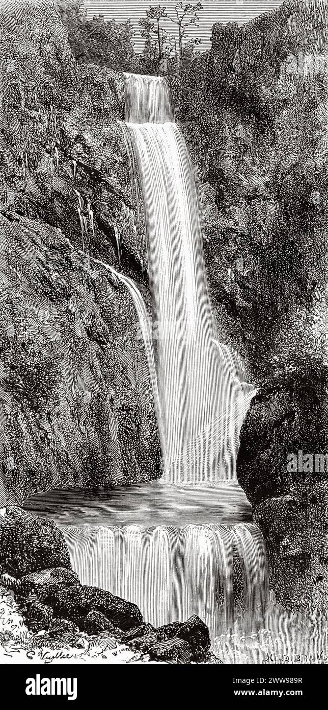Waterfall in the Copé stream in Coclé Province, Republic of Panama. Central America. Drawing by Gaston Vuillier (1845 - 1915) Explorations of the Isthmus of Panama and the Darien region by Armand Reclus (1843 - 1927) Le Tour du Monde 1880 Stock Photo
