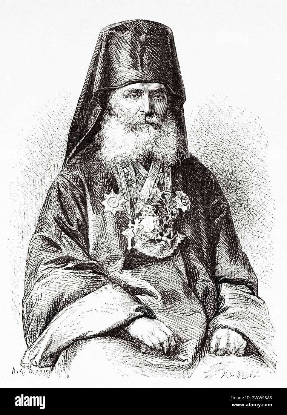 The Bishop of Imereti, Georgia. Eastern Europe.  Drawing by Achille Sirouy (1834 - 1904) Excursions in the Caucasus. From the Black Sea to the Caspian Sea 1875-1876 by Madame Clara Serena (1820 - 1884) Le Tour du Monde 1880 Stock Photo