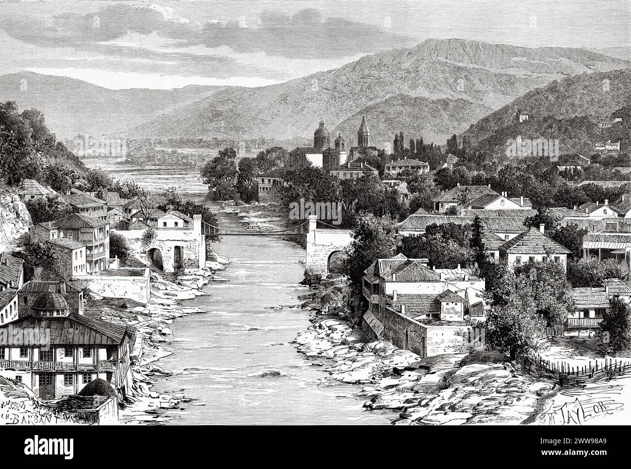 Panoramic general view of Kutaisi city and the Rioni river, Georgia. Eastern Europe.  Drawing by Taylor. Excursions in the Caucasus. From the Black Sea to the Caspian Sea 1875-1876 by Madame Clara Serena (1820 - 1884) Le Tour du Monde 1880 Stock Photo