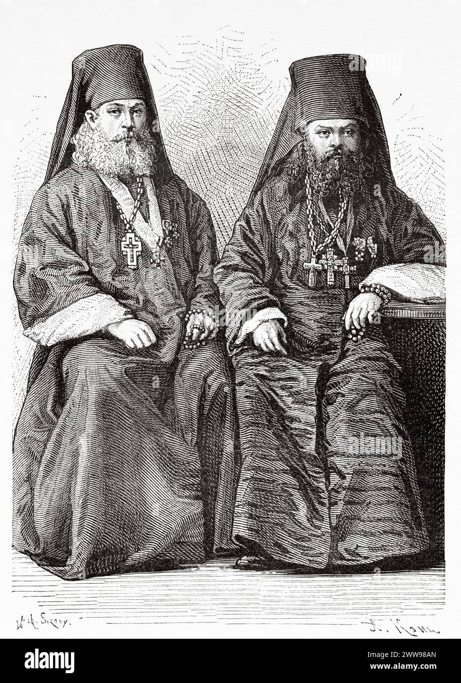 Monks of Gelati Monastery, Kutaisi. , Georgia. Eastern Europe.  Drawing by Achille Sirouy (1834 - 1904) Excursions in the Caucasus. From the Black Sea to the Caspian Sea 1875-1876 by Madame Clara Serena (1820 - 1884) Le Tour du Monde 1880 Stock Photo