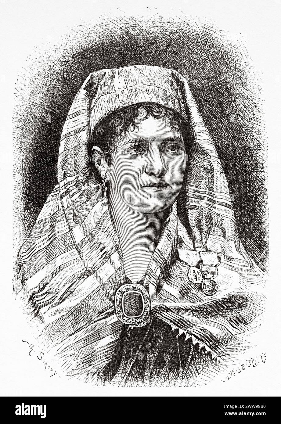 Portrait of Carla Serena (1820 - 1884) Belgian writer and explorer, best remembered for her geographical and cultural publications based on her travels, Georgia. Eastern Europe.  Drawing by Achille Sirouy (1834 - 1904) Excursions in the Caucasus. From the Black Sea to the Caspian Sea 1875-1876 by Madame Clara Serena (1820 - 1884) Le Tour du Monde 1880 Stock Photo