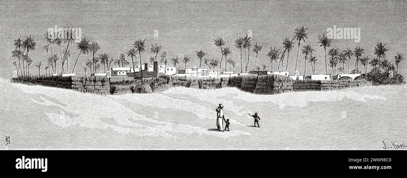 Al Qatrun, oasis and town located in southwest Libya, Sahara Desert. Africa. Drawing by Ivan Pranishnikoff (1841 - 1909) Two months in Tibesti, episodes from travels in Africa 1869-1873 by Dr. Gustav Hermann Nachtigal (1834 - 1885) Le Tour du Monde 1880 Stock Photo
