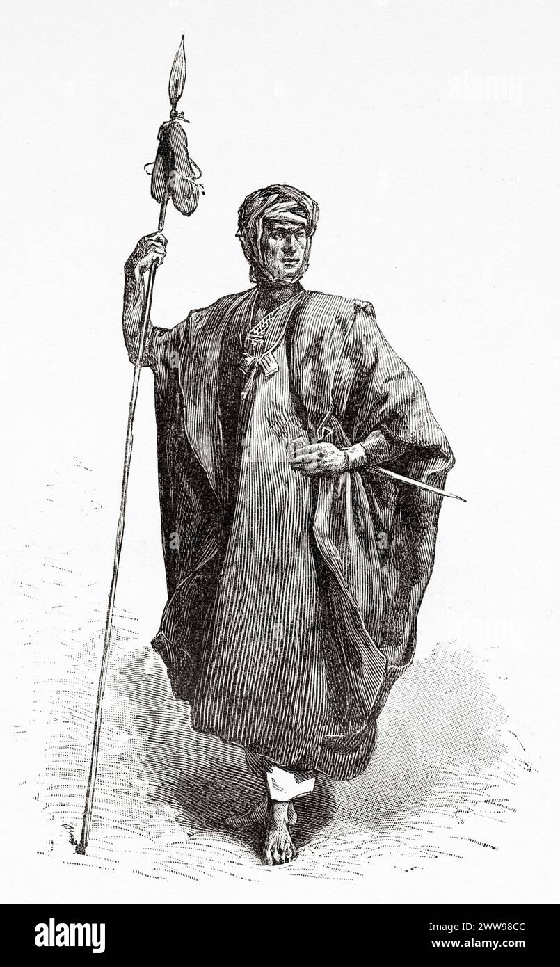 Birsa native man expedition guide, Sahara Desert, Tibesti Region, Chad, Africa. Drawing by Ivan Pranishnikoff (1841 - 1909) Two months in Tibesti, episodes from travels in Africa 1869-1873 by Dr. Gustav Hermann Nachtigal (1834 - 1885) Le Tour du Monde 1880 Stock Photo