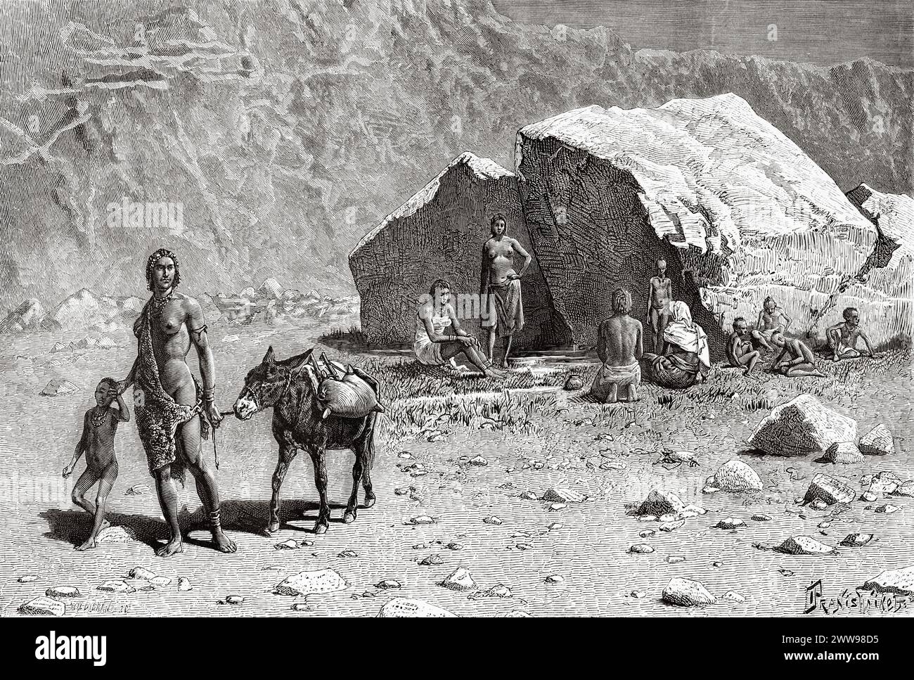 Toubou women and children collect water from the fountain, Tibesti Region, Chad, Africa. Drawing by Ivan Pranishnikoff (1841 - 1909) Two months in Tibesti, episodes from travels in Africa 1869-1873 by Dr. Gustav Hermann Nachtigal (1834 - 1885) Le Tour du Monde 1880 Stock Photo