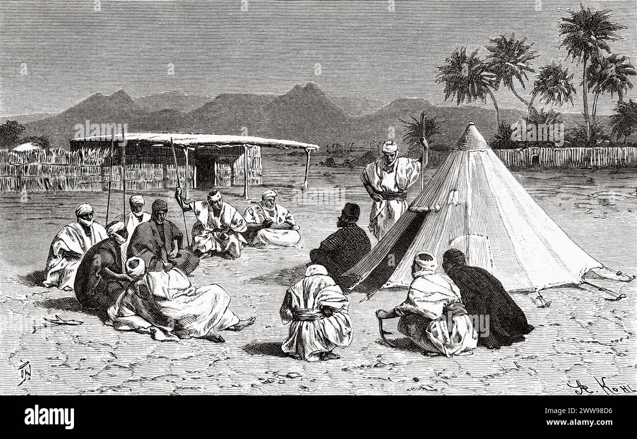 Meeting in front of the Val Bardai tent, Tibesti Region, Chad, Africa. Drawing by Ivan Pranishnikoff (1841 - 1909) Two months in Tibesti, episodes from travels in Africa 1869-1873 by Dr. Gustav Hermann Nachtigal (1834 - 1885) Le Tour du Monde 1880 Stock Photo