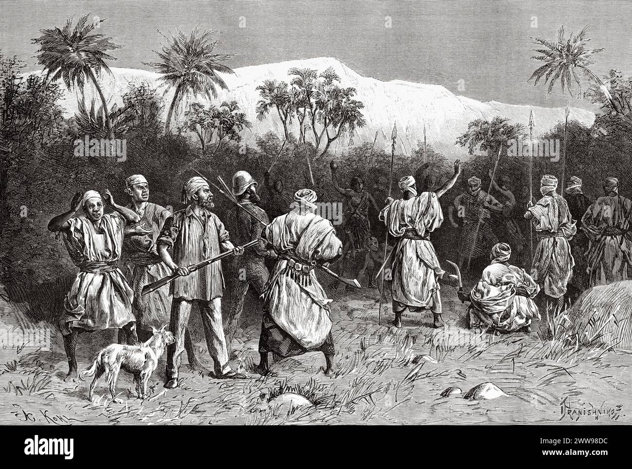 Arami, the expedition guide tries to calm the crowd, Tibesti Region, Chad, Africa. Drawing by Ivan Pranishnikoff (1841 - 1909) Two months in Tibesti, episodes from travels in Africa 1869-1873 by Dr. Gustav Hermann Nachtigal (1834 - 1885) Le Tour du Monde 1880 Stock Photo