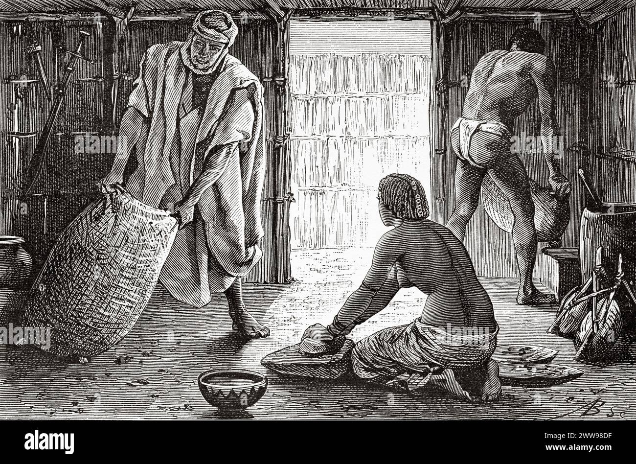 Interior of a traditional hut, Tibesti Region, Chad, Africa. Drawing by Ivan Pranishnikoff (1841 - 1909) Two months in Tibesti, episodes from travels in Africa 1869-1873 by Dr. Gustav Hermann Nachtigal (1834 - 1885) Le Tour du Monde 1880 Stock Photo