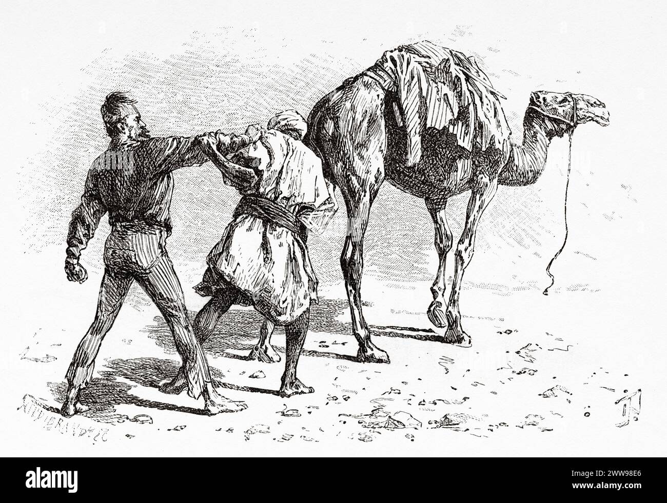 The expedition on its return through the desert, Tibesti Region, Chad, Africa. Drawing by Ivan Pranishnikoff (1841 - 1909) Two months in Tibesti, episodes from travels in Africa 1869-1873 by Dr. Gustav Hermann Nachtigal (1834 - 1885) Le Tour du Monde 1880 Stock Photo