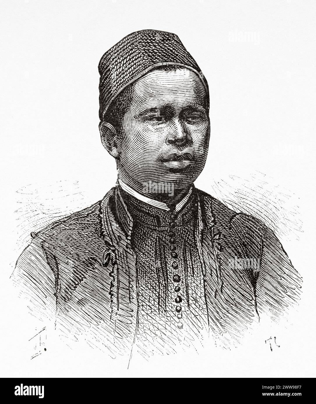 Old portait of  the young slave Mohammedou, Central Africa. Drawing by Ivan Pranishnikoff (1841 - 1909) Journey from Borno to Baguirmi 1872 by Dr. Gustav Hermann Nachtigal (1834 - 1885) Le Tour du Monde 1880 Stock Photo