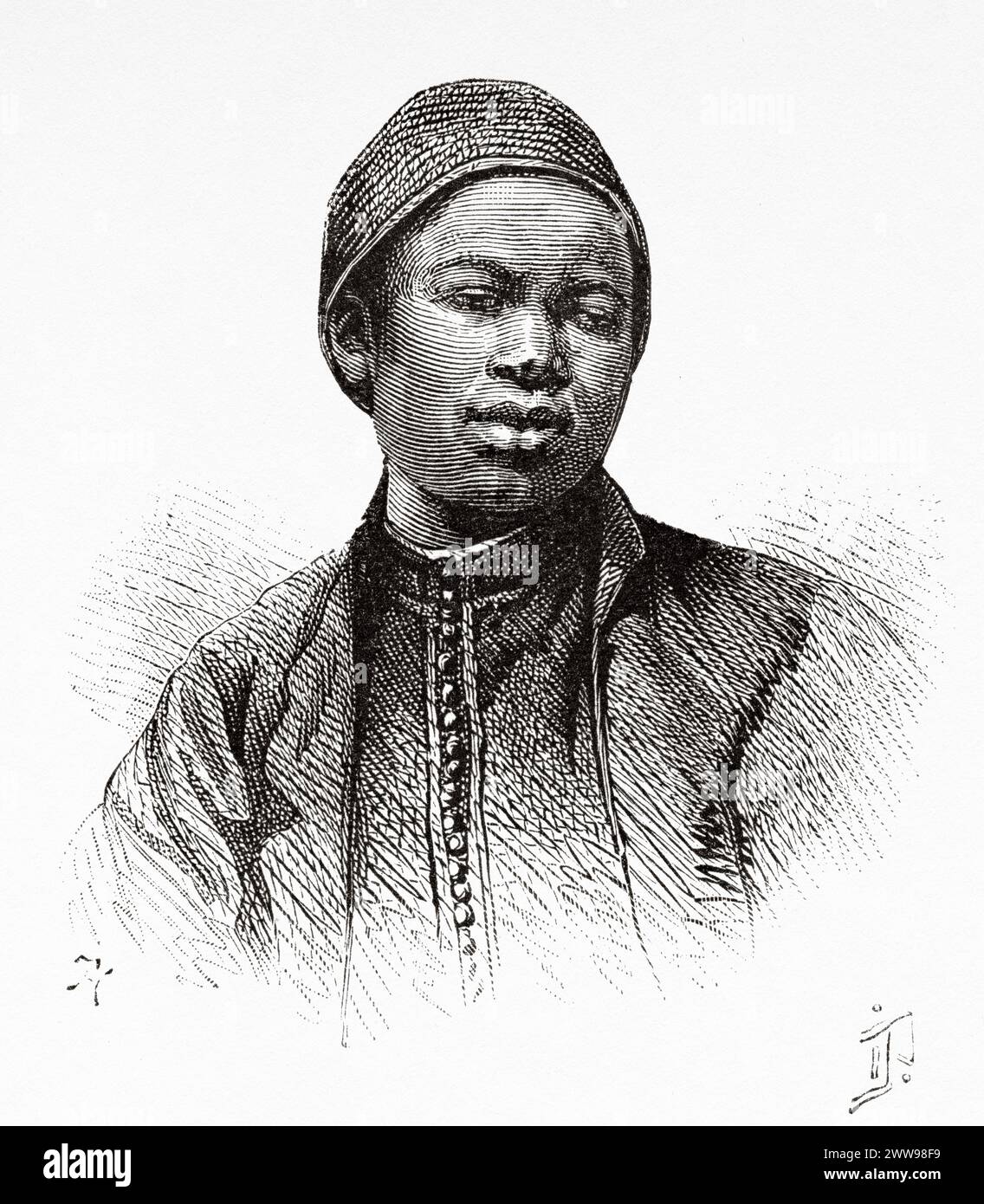 Old portait of  a young boy from Gamergon, Central Africa. Drawing by Ivan Pranishnikoff (1841 - 1909) Journey from Borno to Baguirmi 1872 by Dr. Gustav Hermann Nachtigal (1834 - 1885) Le Tour du Monde 1880 Stock Photo