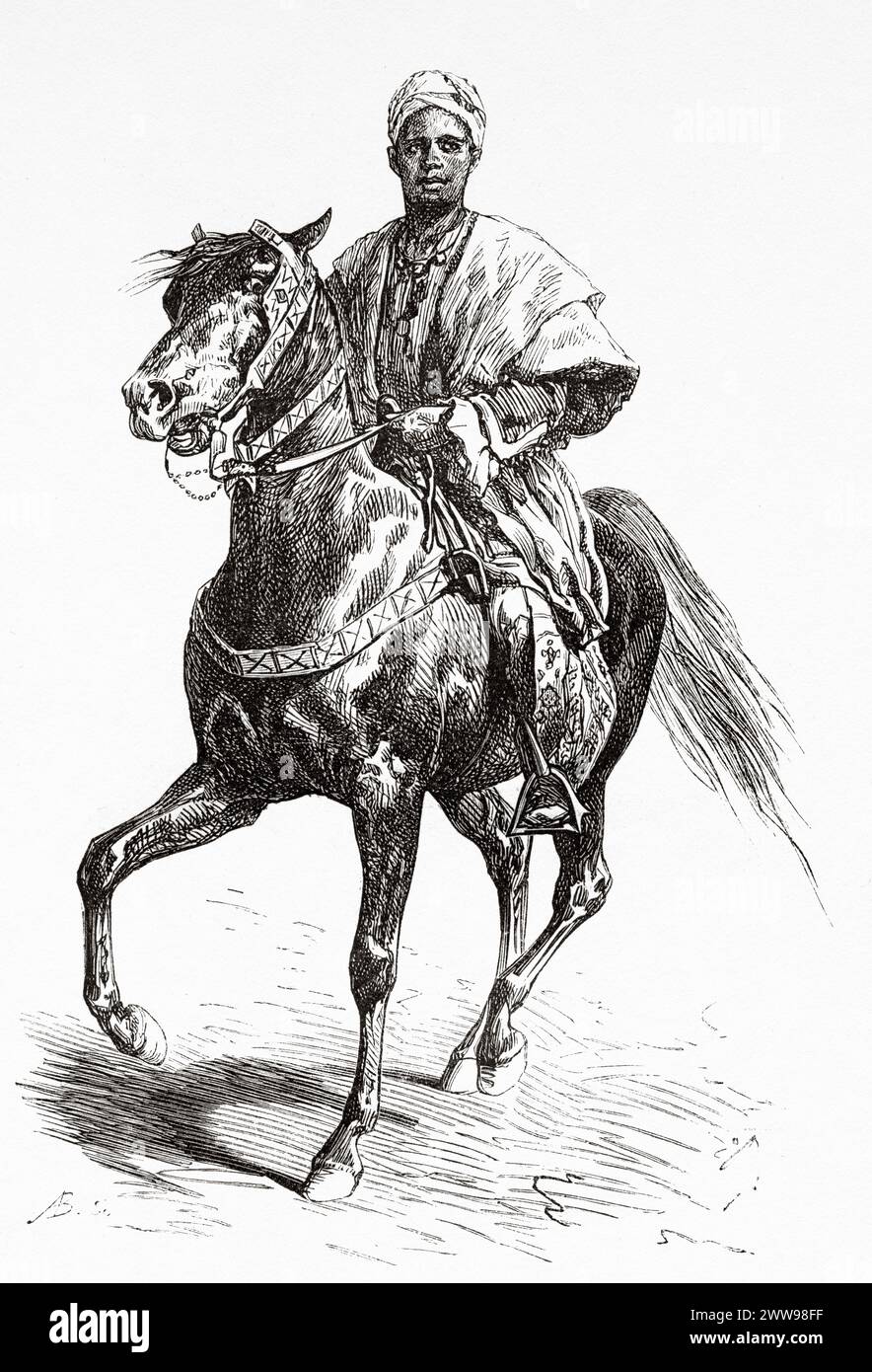 Man on horseback dressed in traditional clothing, Kanem-Bornu Empire, Chad, Central Africa. Drawing by Ivan Pranishnikoff (1841 - 1909) Journey from Borno to Baguirmi 1872 by Dr. Gustav Hermann Nachtigal (1834 - 1885) Le Tour du Monde 1880 Stock Photo