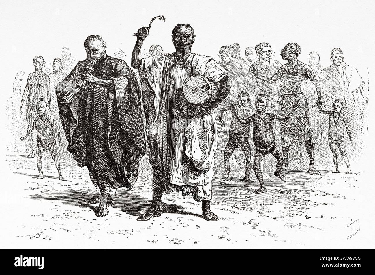 Traditional group of musicians from the kingdom of Baguirmi, Cameroon. Central Africa. Drawing by Ivan Pranishnikoff (1841 - 1909) Journey from Borno to Baguirmi 1872 by Dr. Gustav Hermann Nachtigal (1834 - 1885) Le Tour du Monde 1880 Stock Photo
