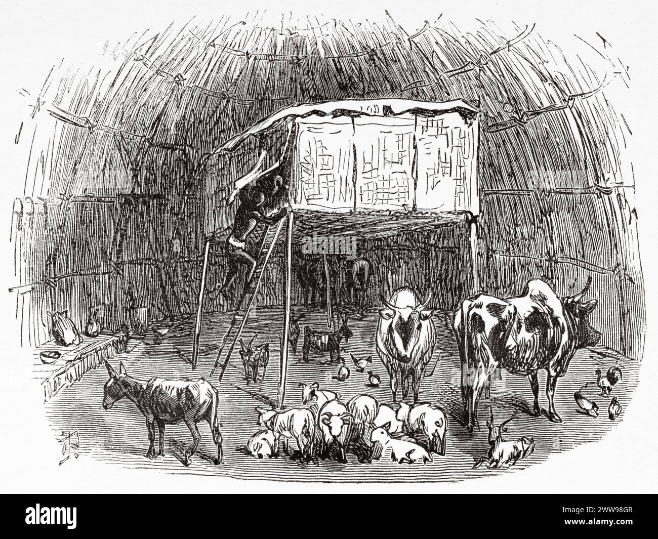 Interior of a Choa hut, Cameroon. Central Africa. Drawing by Ivan Pranishnikoff (1841 - 1909) Journey from Borno to Baguirmi 1872 by Dr. Gustav Hermann Nachtigal (1834 - 1885) Le Tour du Monde 1880 Stock Photo