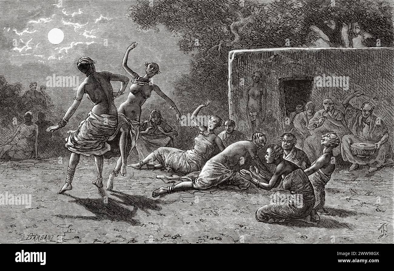 Typical traditional dance of Logone-Birni women, Cameroon. Central Africa. Drawing by Ivan Pranishnikoff (1841 - 1909) Journey from Borno to Baguirmi 1872 by Dr. Gustav Hermann Nachtigal (1834 - 1885) Le Tour du Monde 1880 Stock Photo