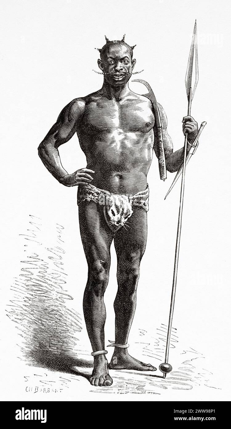 Old portait of  a Baguirmi Warrior, Chad. Central Africa. Drawing by Ivan Pranishnikoff (1841 - 1909) Journey from Borno to Baguirmi 1872 by Dr. Gustav Hermann Nachtigal (1834 - 1885) Le Tour du Monde 1880 Stock Photo