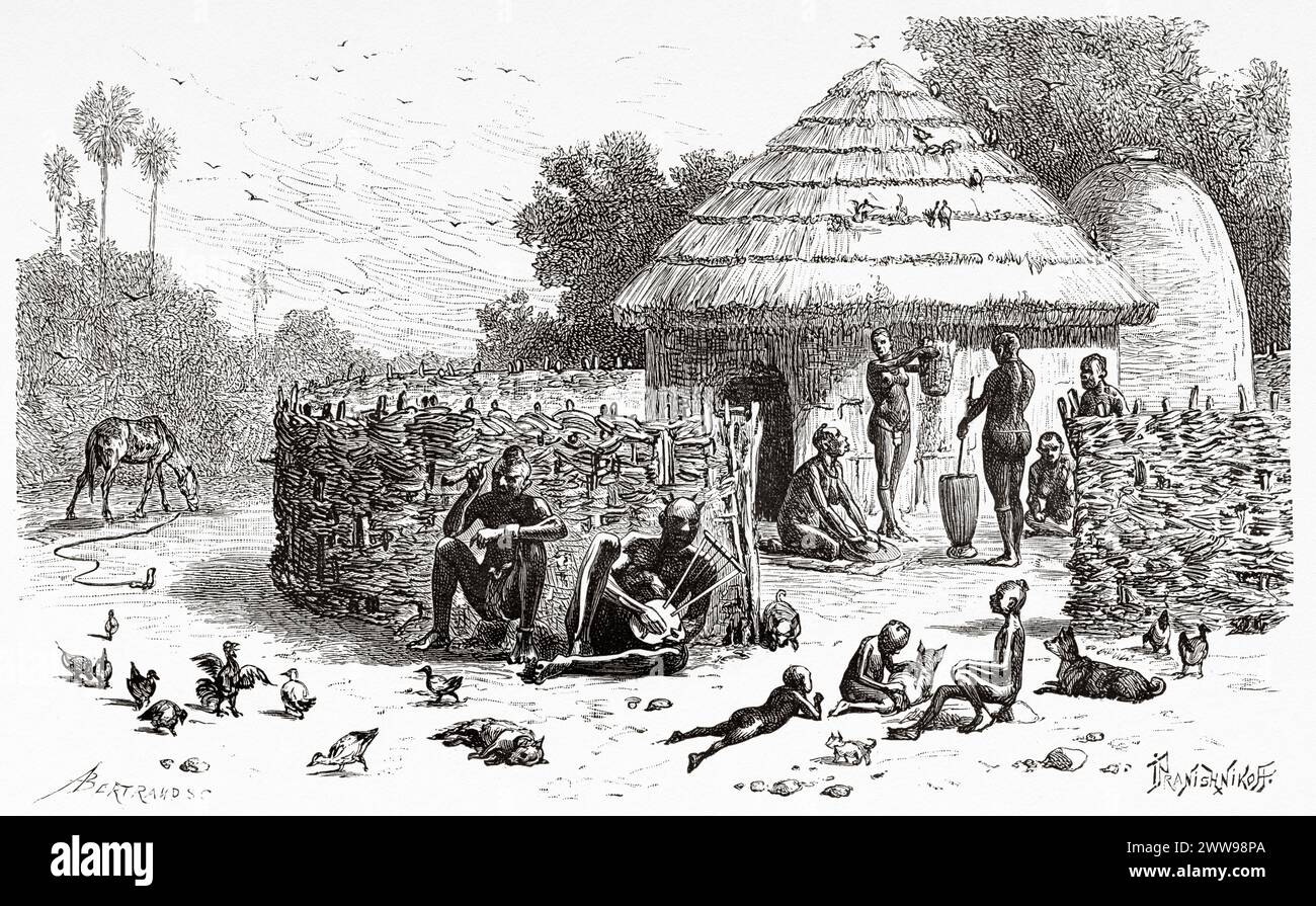 Traditional dwelling of the Mofou ethnic group, Chad. Central Africa. Drawing by Ivan Pranishnikoff (1841 - 1909) Journey from Borno to Baguirmi 1872 by Dr. Gustav Hermann Nachtigal (1834 - 1885) Le Tour du Monde 1880 Stock Photo