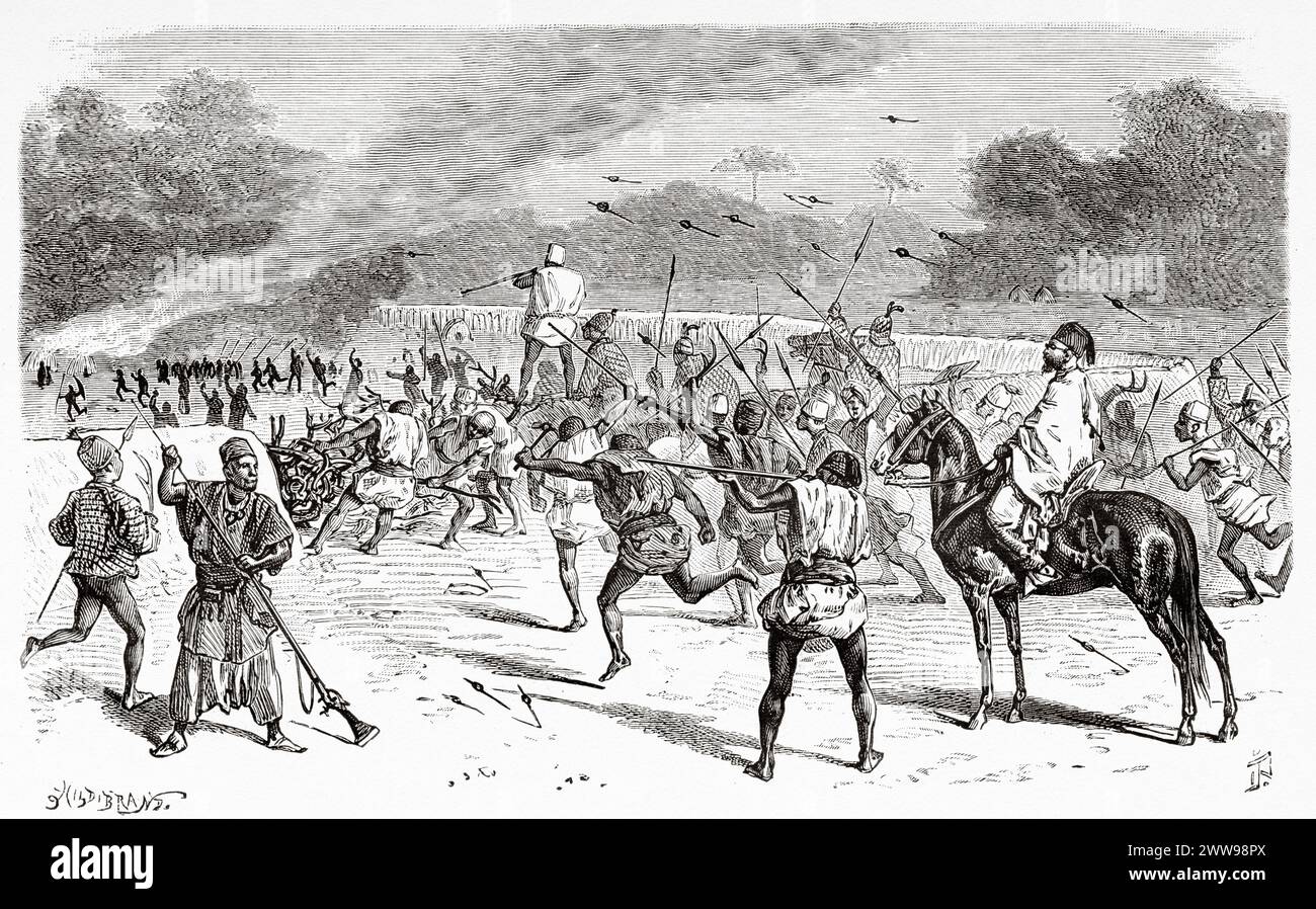 Attack on the village, Chad. Central Africa. Drawing by Ivan Pranishnikoff (1841 - 1909) Journey from Borno to Baguirmi 1872 by Dr. Gustav Hermann Nachtigal (1834 - 1885) Le Tour du Monde 1880 Stock Photo
