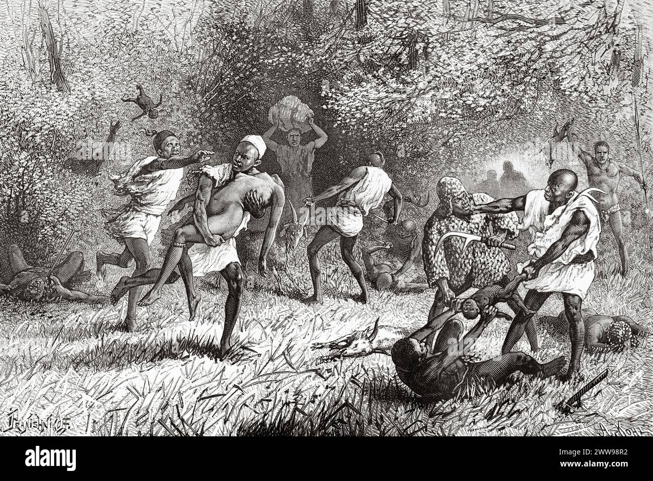 The Plundering Warriors. Arab slave traders attacking an African village, Chad. Central Africa. Drawing by Ivan Pranishnikoff (1841 - 1909) Journey from Borno to Baguirmi 1872 by Dr. Gustav Hermann Nachtigal (1834 - 1885) Le Tour du Monde 1880 Stock Photo