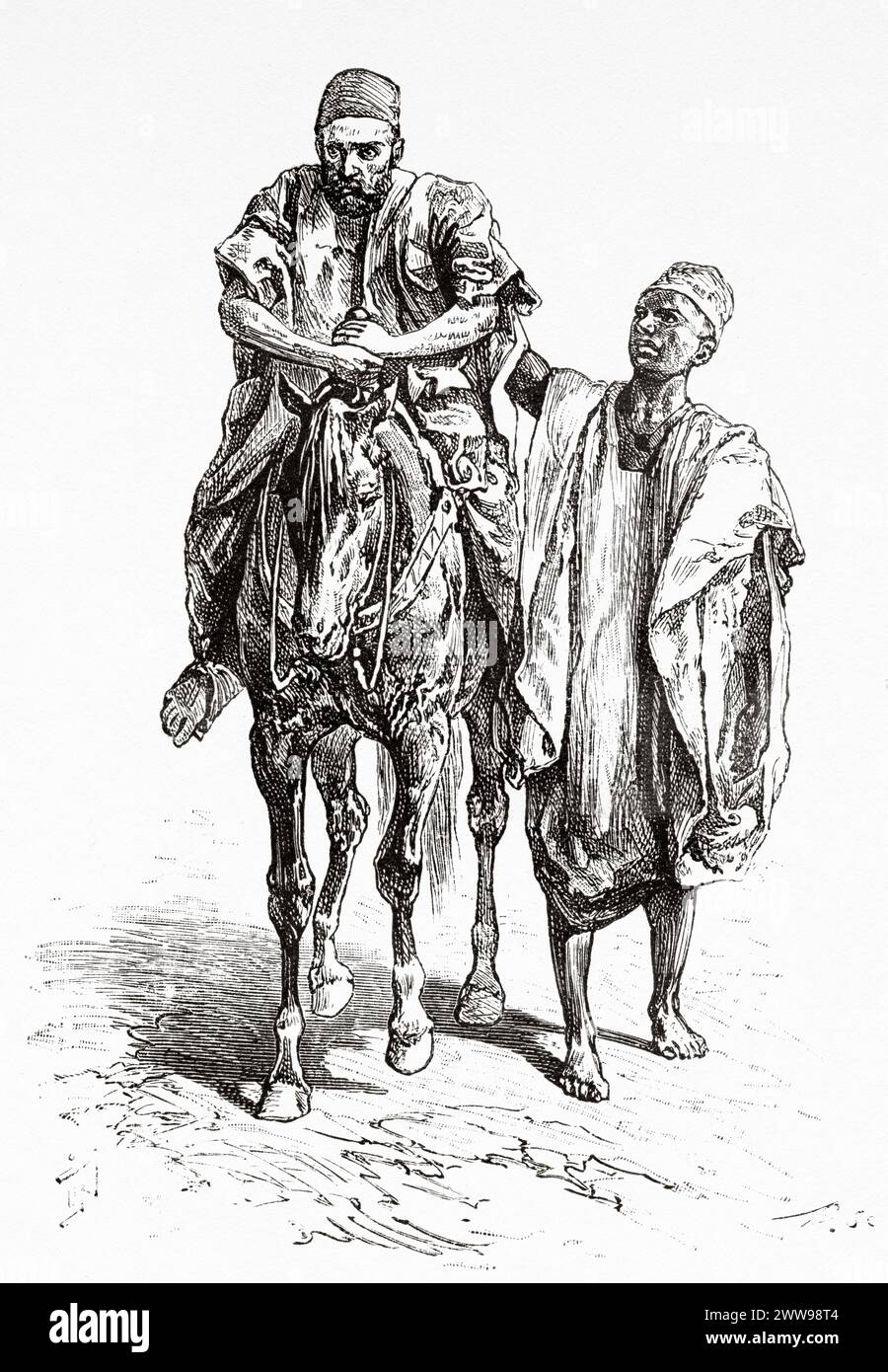 The sick doctor Gustav Hermann going to visit the king, Chad. Central Africa. Drawing by Ivan Pranishnikoff (1841 - 1909) Journey from Borno to Baguirmi 1872 by Dr. Gustav Hermann Nachtigal (1834 - 1885) Le Tour du Monde 1880 Stock Photo