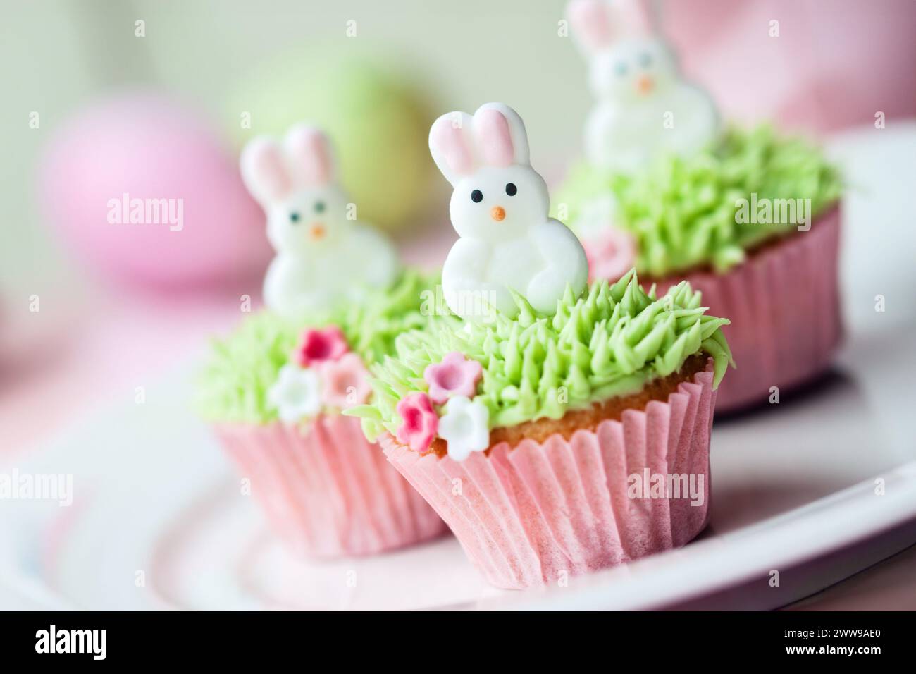 Mini cupcakes decorated with easter bunnies Stock Photo