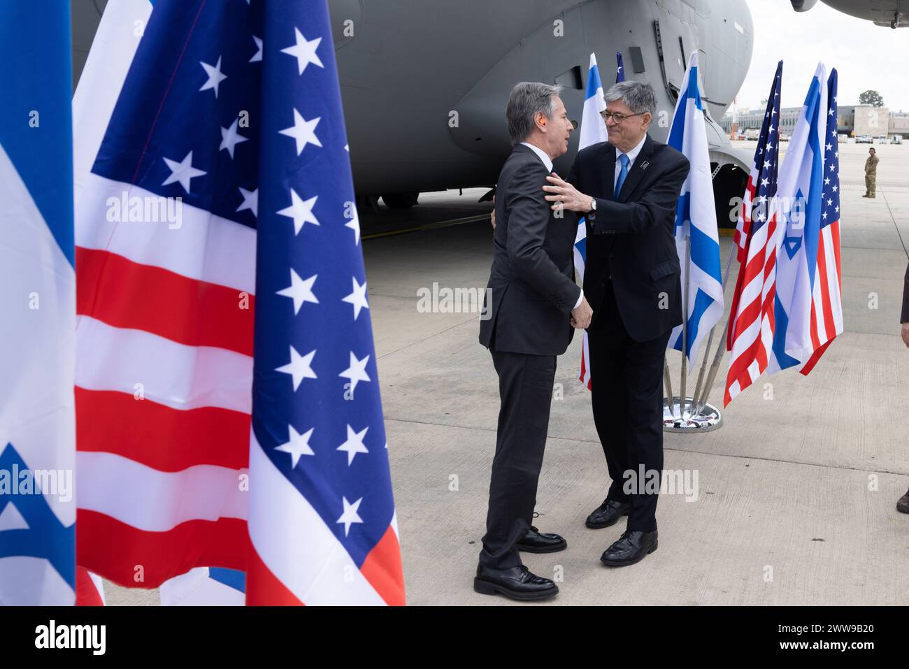 Israel. 22nd Mar, 2024. Secretary Antony J. Blinken is greeted by U.S. Ambassador Jacob Lew as he arrives in Tel Aviv, Israel, March 22, 2024. (Photo by Chuck Kennedy/State Department via Credit: Sipa USA/Alamy Live News Stock Photo