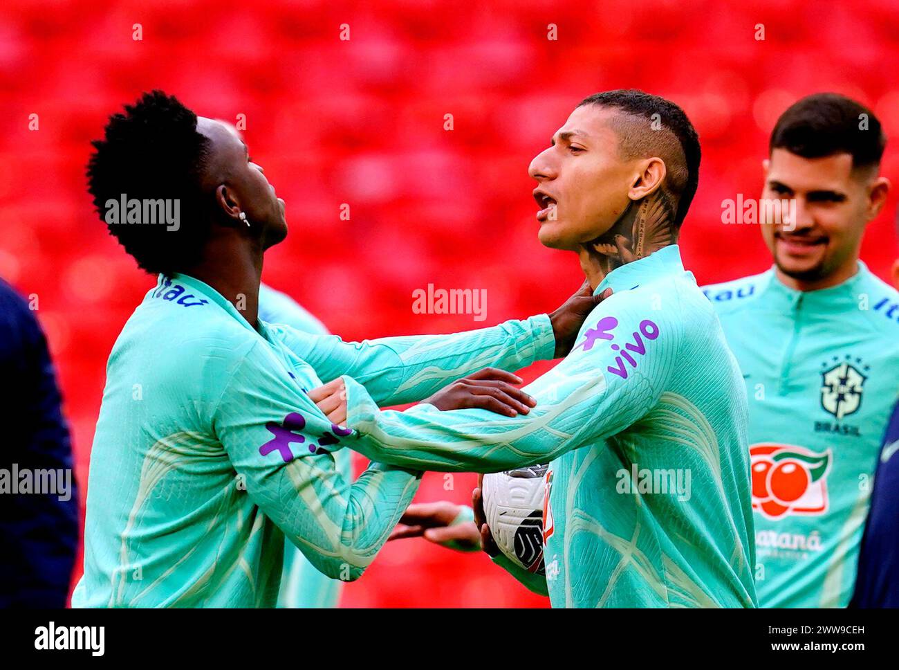 CAPTION CORRECTION: Updating location to Wembley Stadium Brazil's Vinicius Junior and Richarlison during a training session at Wembley Stadium, London. Picture date: Friday March 22, 2024. Stock Photo